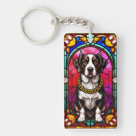 ステンドグラスポートレートの美しい犬 キーホルダー (正面)