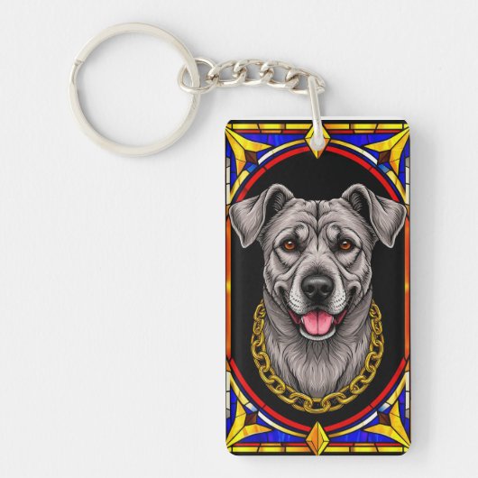 ステンドグラスポートレートの美しい犬 キーホルダー (正面)