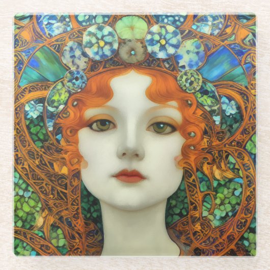 ステンドグラスポートレートの美女スタイル ガラスコースター (正面)