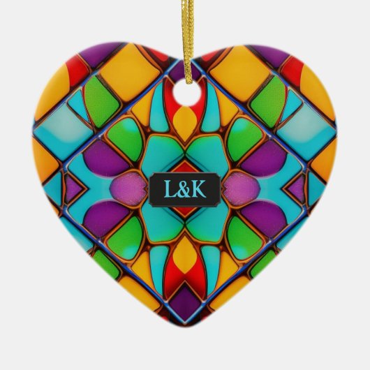 ステンドグラスモダンカップルパーソナライズされたクリスマス セラミックオーナメント (正面)