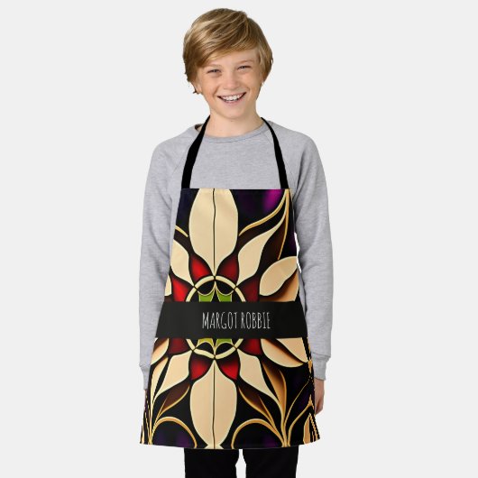 ステンドグラスユリ赤モザイクパターン エプロン (着用した状態)