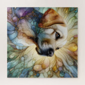 ステンドグラスラブラドールドッグ鮮やか抽象芸術アート ジグソーパズル (横)