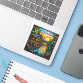 ステンドグラスルックキャビンレイクサンセットデカール シール (ノートパソコンとiPhone)