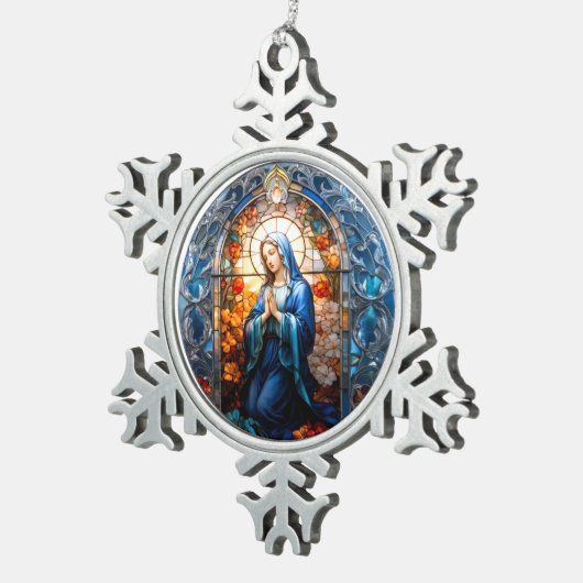 ステンドグラスヴァージンマリア・クリスチャン・カトリック スノーフレークピューターオーナメント (右)