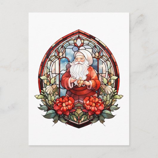 ステンドグラスヴィンテージサンタとポインセチア シーズンポストカード (正面)