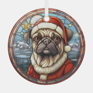 ステンドグラス冬の村パグドッグクリスマス ガラスオーナメント