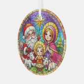 ステンドグラス出生シーンとサンタクロース ガラスオーナメント (正面左)