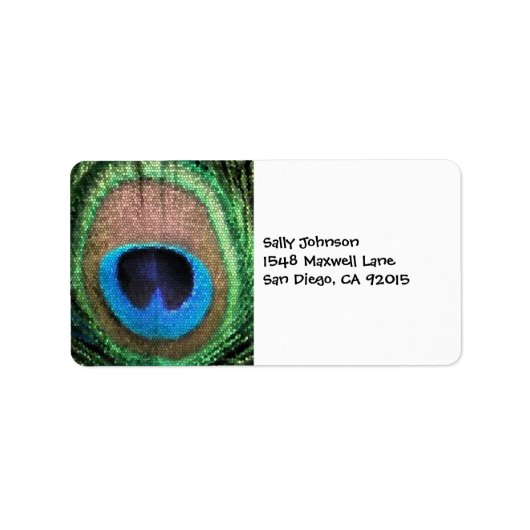 ステンドグラス効果を持つ孔雀。 ラベル (正面)