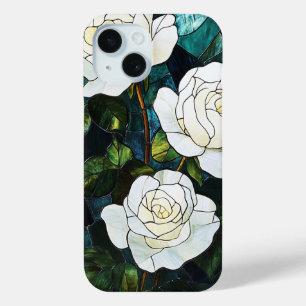 ステンドグラス効果iPhoneケース、白バラ iPhone 15ケース