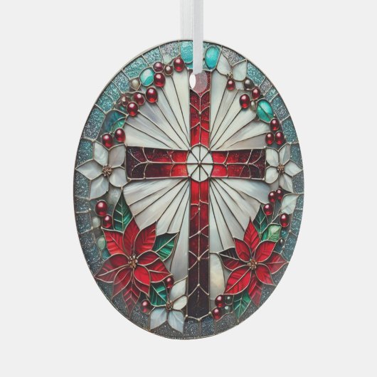 ステンドグラス十字とポインセチア ガラスオーナメント (正面右)