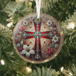 ステンドグラス十字とポインセチア ガラスオーナメント