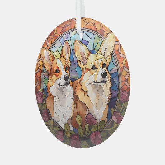 ステンドグラス双晶コーギドスクリスマス ガラスオーナメント (正面左)