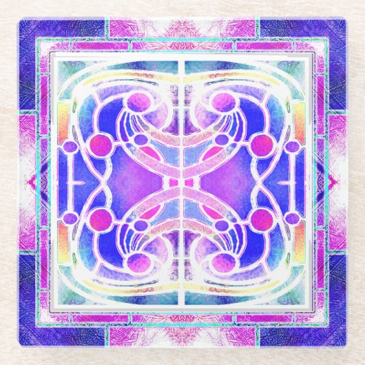 ステンドグラス大聖堂の薄紫とピンクの窓 ガラスコースター (正面)