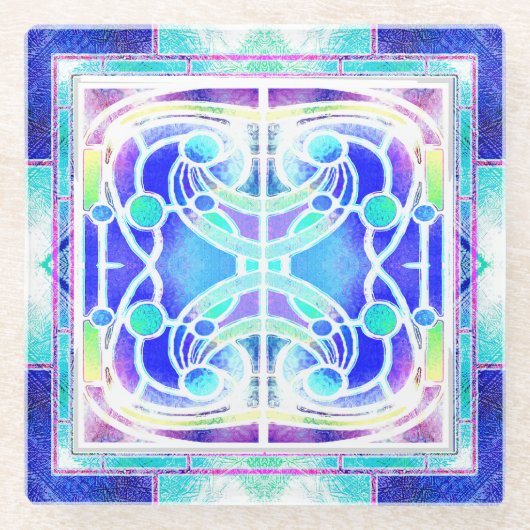 ステンドグラス大聖堂の青い窓 ガラスコースター (正面)