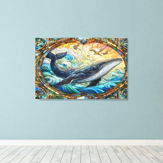 ステンドグラス威厳のあるクジラのマリンモザイク キャンバスプリント (インサイチュ (ウッドフロア))