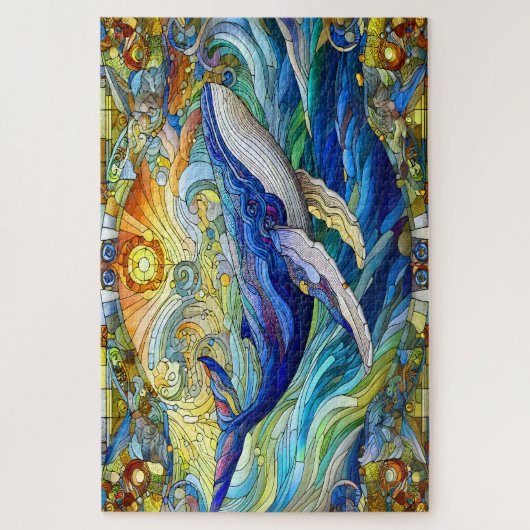 ステンドグラス威厳のあるクジラのマリンモザイク ジグソーパズル (縦)