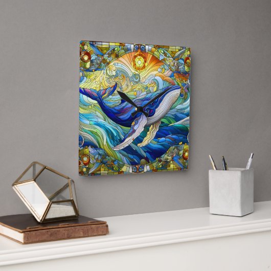 ステンドグラス威厳のあるクジラのマリンモザイク スクエア壁時計 (オフィス)