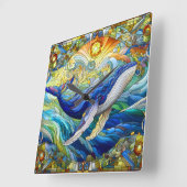 ステンドグラス威厳のあるクジラのマリンモザイク スクエア壁時計 (傾斜)