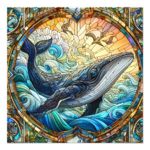 ステンドグラス威厳のあるクジラのマリンモザイク フォトプリント