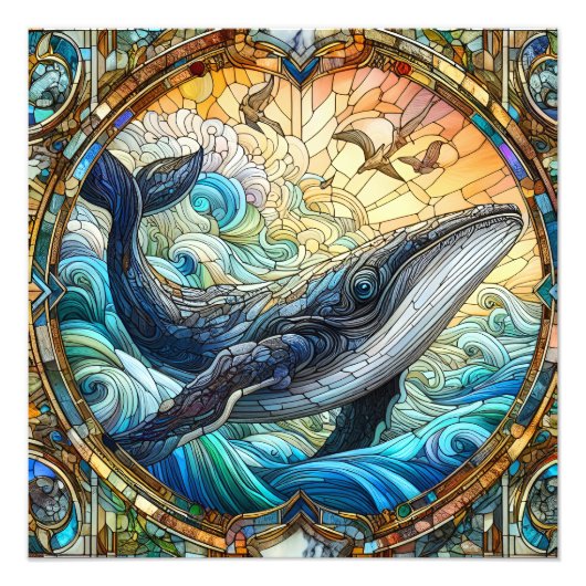 ステンドグラス威厳のあるクジラのマリンモザイク フォトプリント (正面)
