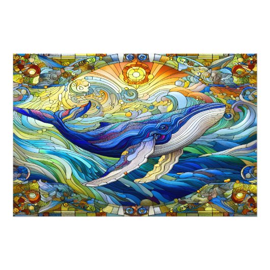 ステンドグラス威厳のあるクジラのマリンモザイク フォトプリント (正面)