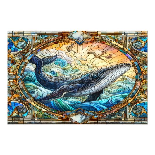ステンドグラス威厳のあるクジラのマリンモザイク フォトプリント (正面)