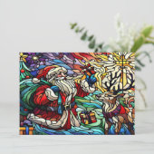 ステンドグラス威厳のあるサンタとトナカイ サンキューカード (スタンド正面)