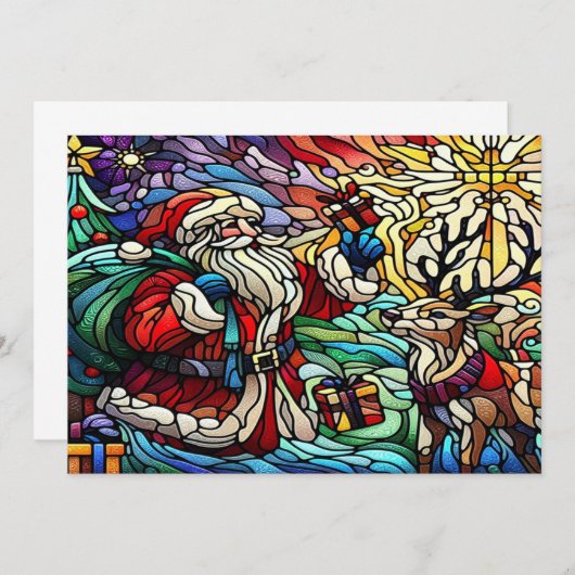 ステンドグラス威厳のあるサンタとトナカイ サンキューカード (正面/裏面)