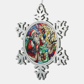 ステンドグラス威厳のあるサンタとトナカイ スノーフレークピューターオーナメント (右)