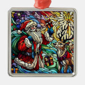 ステンドグラス威厳のあるサンタとトナカイ メタルオーナメント (正面)