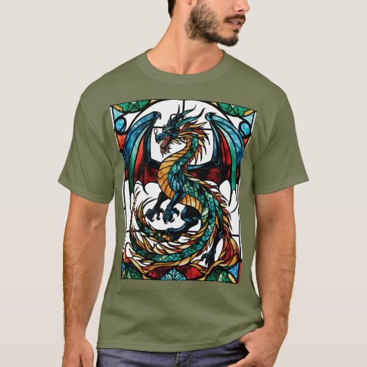ステンドグラス威厳のあるドラゴン神話最高傑作 Tシャツ (正面)