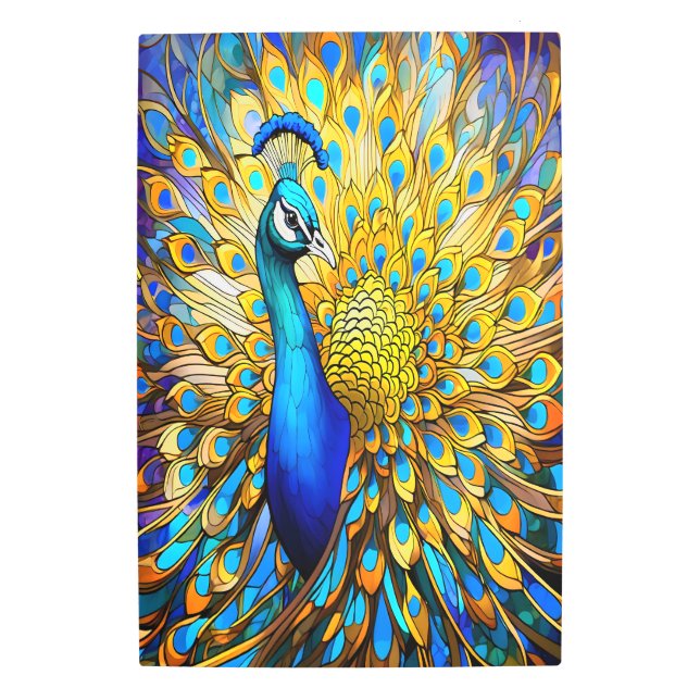 ステンドグラス威厳のあるピーコックアールヌーボースタイル メタルプリント (正面)