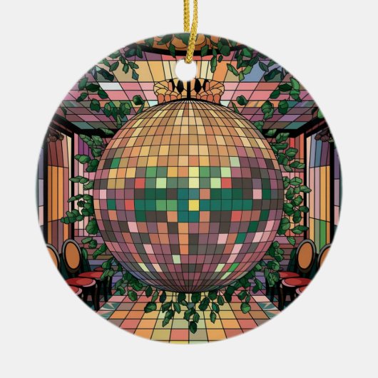 ステンドグラス工芸、ディスコ球用ステンドグラススタイル セラミックオーナメント (正面)