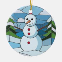 ステンドグラス工芸、雪だるまステンドグラス セラミックオーナメント