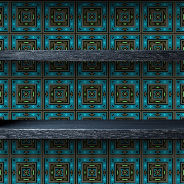 ステンドグラス幾何学暗色ターコイズ小プリント 壁紙 (Stained Glass Geometric Dark Turquoise Small Print Wallpaper on a shelf)