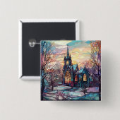 ステンドグラス教会の四角いボタン 缶バッジ (正面&裏面)