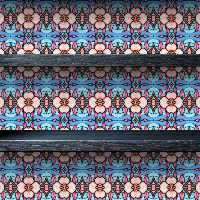 ステンドグラス桃色の花小プリント 壁紙 (Stained Glass Pink Flowers Small Print Wallpaper on a shelf)