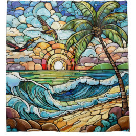 ステンドグラス波オンビーチ シャワーカーテン