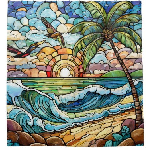 ステンドグラス波オンビーチ シャワーカーテン (正面)