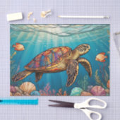 ステンドグラス海亀、魚、サンゴ、海 薄葉紙 (クラフト)