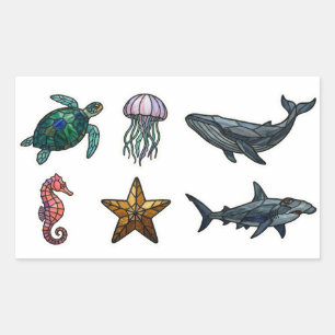 ステンドグラス海洋生物ステッカー 長方形シール