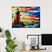 ステンドグラス灯台アットサンライズ ポスター (ホームオフィス)