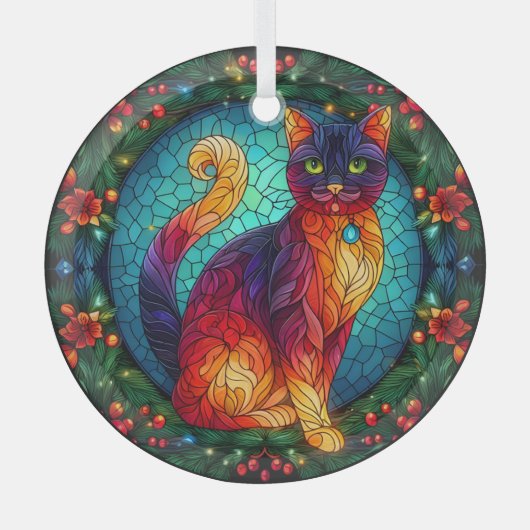 ステンドグラス猫とクリスマスホリー ガラスオーナメント (正面)