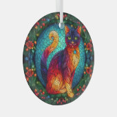 ステンドグラス猫とクリスマスホリー ガラスオーナメント (正面右)