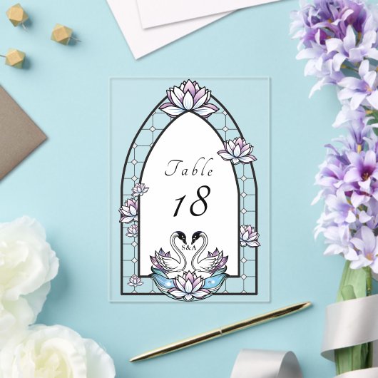 ステンドグラス白鳥の水結婚ユリのテーブル番号 アクリル招待状 (インサイチュ (ウェディング))