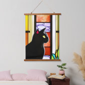 ステンドグラス窓の前の黒猫 吊り下げ型タペストリー (寝室)