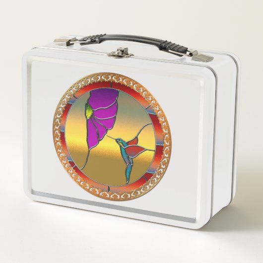 ステンドグラス窓ターコイズハミングバード メタルランチボックス (正面)
