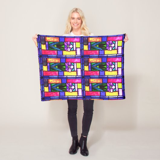 ステンドグラス紫色の花 フリースブランケット (インサイチュ)