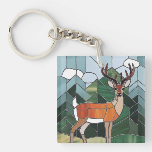 ステンドグラス美術、ステンドグラススタイル鹿アート キーホルダー (正面)