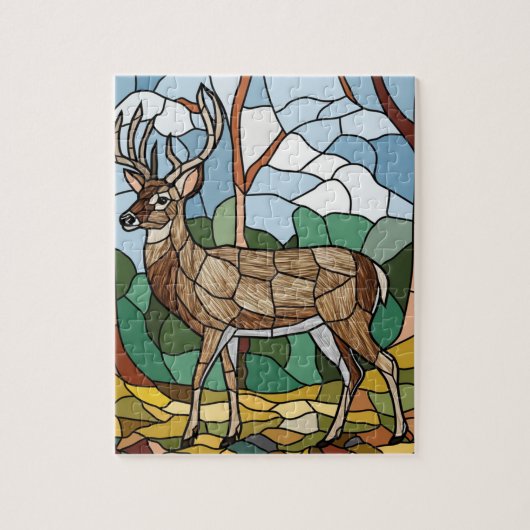 ステンドグラス美術、ステンドグラススタイル鹿アート ジグソーパズル (縦)